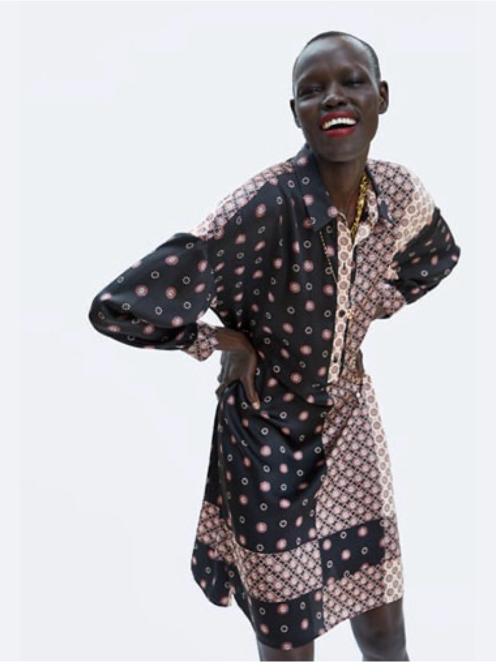 ZARA Patchwork Print Oversized Shirt Dress Scarf Tunic Asymmetric Size Medium